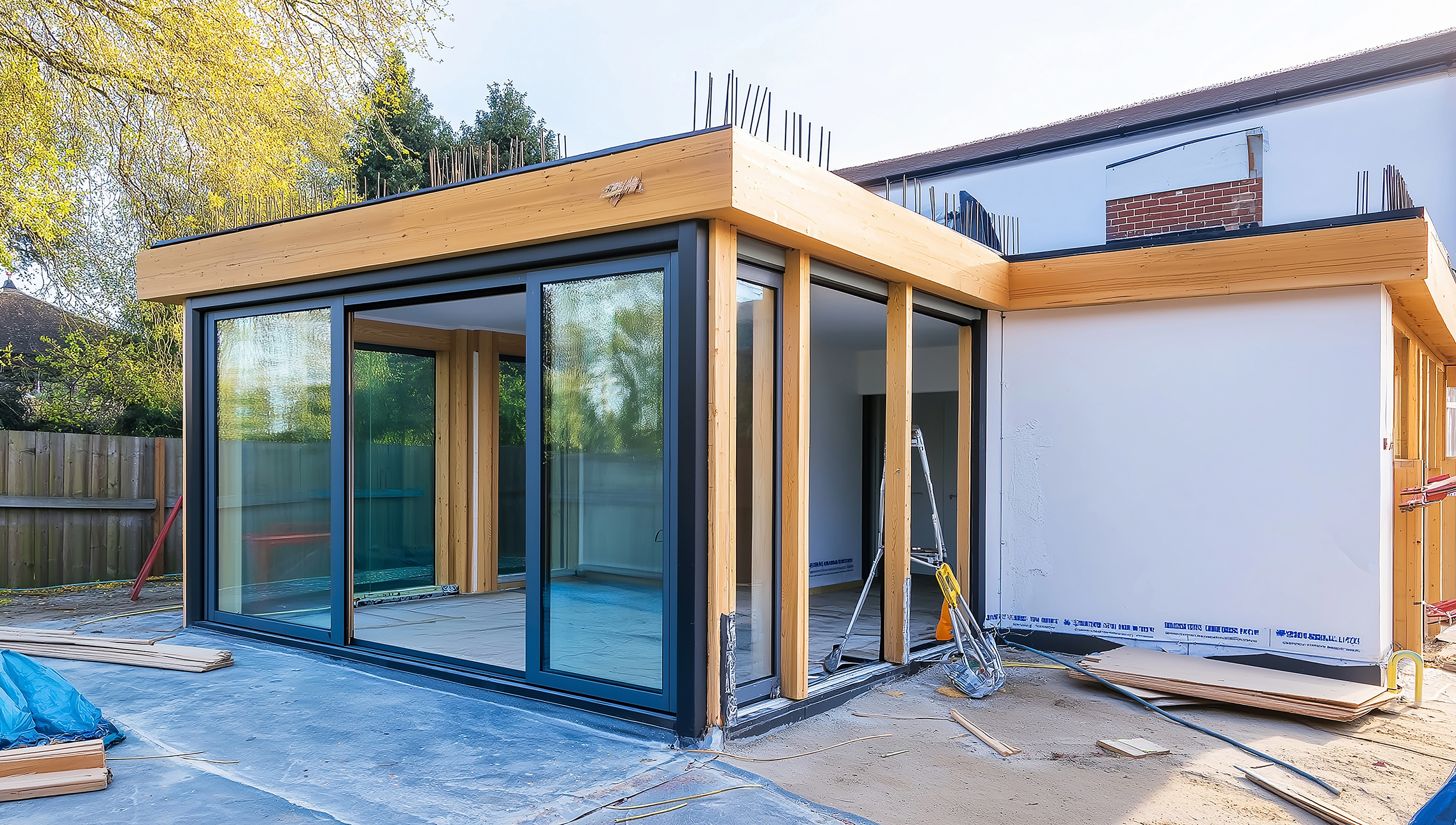 Modern house under construction getting new timber frame extension with large windows