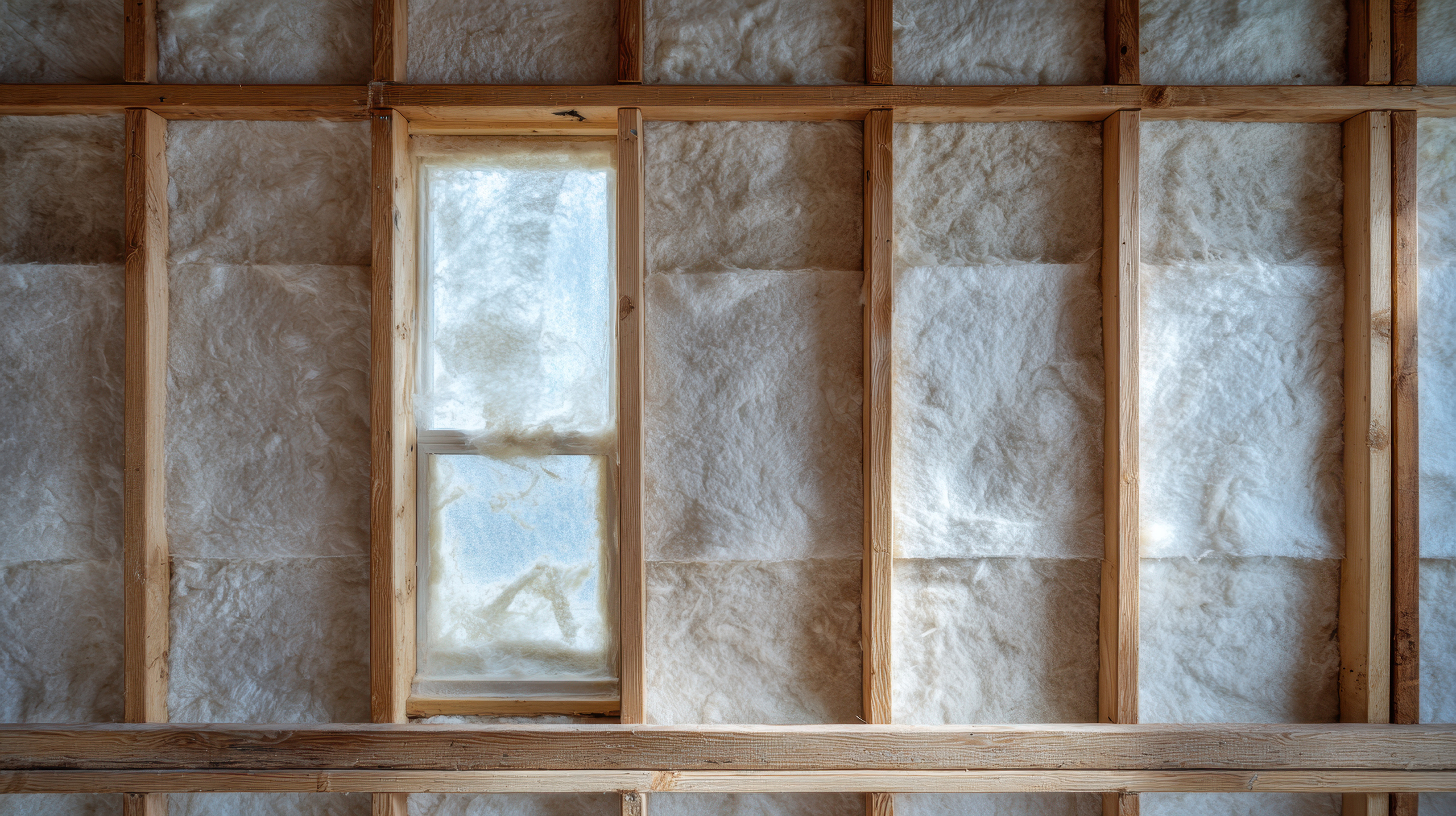 Wooden studs with white insulation surrounding a small window in